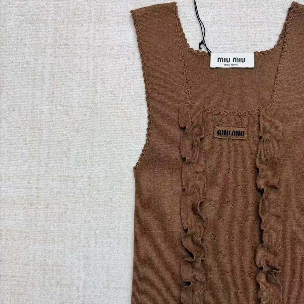 Miu Miu Chest-Ruffle Knit Tank in Warm Brown - Picture 3 of 8